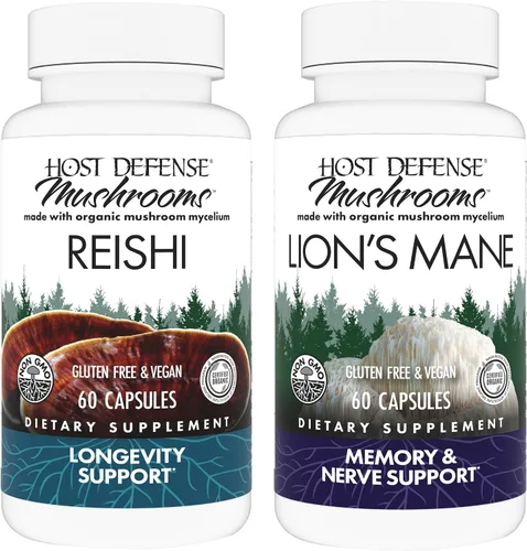 Host Defense Paquete con cápsulas Reishi, 60 unidades y cápsulas de melena de león, 60 unidades - Apoya la salud cardíaca e inmunológica - Apoya la