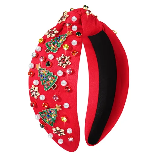 Miniatura 15 de boderier Diademas de Navidad para Mujeres Diadema de Árbol de Navidad con Cuentas Diadema Ancha Anudada de Cristal Accesorios para el Cabello