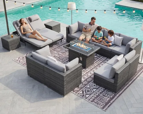 Miniatura 12 de NICESOUL Juego de muebles de patio para exteriores de 7 piezas con mesa para hoguera, gas natural y propano convertible, respaldo alto de 29.3