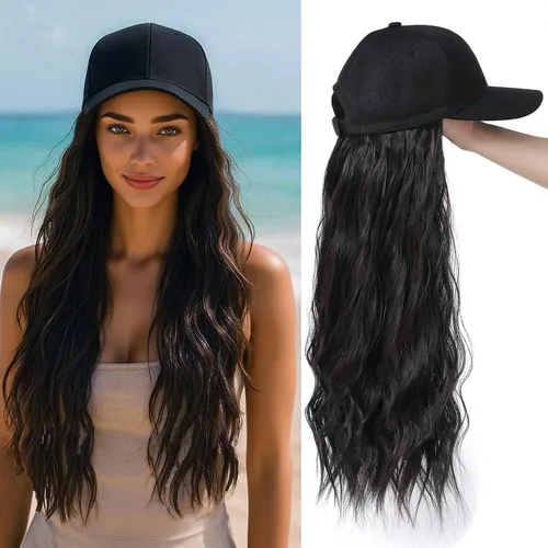 Miniatura 19 de Gorra de béisbol con peluca de cabello largo ondulado natural, con gorra, resistente al calor, mezcla sintética marrón rubio, fibras ajustables