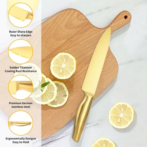 Miniatura 3 de Juego de cuchillos dorados, 8 piezas con revestimiento de titanio dorado apto para lavavajillas, juego de cuchillos de cocina de acero inoxidable