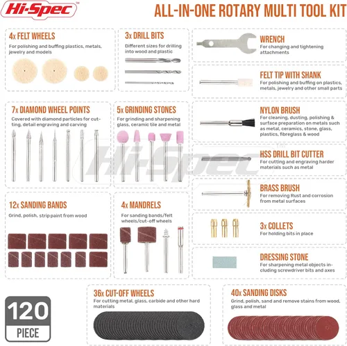 Miniatura 2 de Hi-Spec Juego de herramientas rotativas de 170 W 1.4 A con 121 piezas Dremel compatibles accesorios de brocas. Taladro, corte, recorta, muele