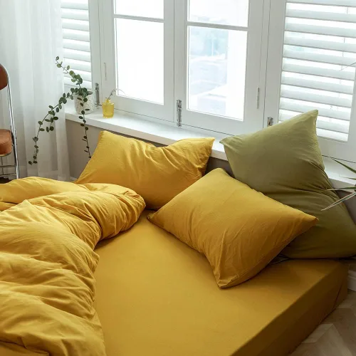 Miniatura 6 de VM VOUGEMARKET - Juego de funda de edredón de algodón de punto jersey de tamaño queen, juego de ropa de cama de algodón de color amarillo, Jersey-oro
