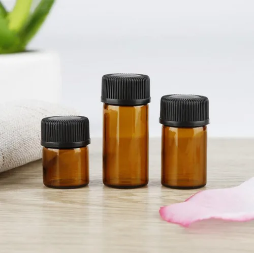 Miniatura 3 de Juego de 12 botellas de vidrio con tapa de rosca marrón, mini vial de aceite vacío (0.1 fl oz)