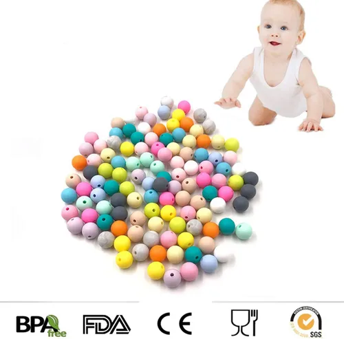 Miniatura 4 de 100 cuentas focales de perlas de silicona para bolígrafo de 0.59 pulgadas sueltas de silicona redondas para llavero, mamá y mujer, cuentas