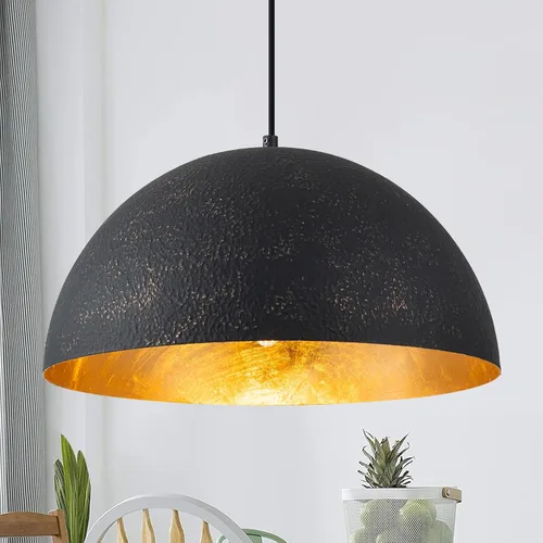 Lámpara colgante de granja de 15.7" en negro con grano dorado, lámpara de cúpula grande industrial, lámpara colgante vintage ajustable para isla de