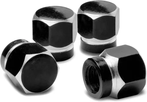 Miniatura 18 de Auto Dynasty Tapones hexagonales de válvula de neumático de aleación de latón recubierto y pulido de aluminio negro cromado (paquete de 4)
