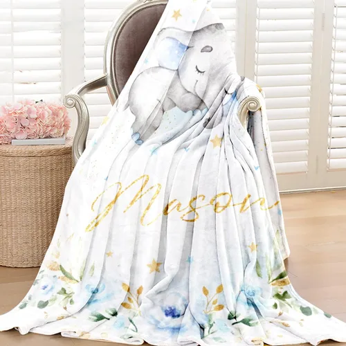 Miniatura 5 de Manta de bebé de elefante personalizada con nombre para niño, manta de nombre personalizada para niño recién nacido, manta de franela suave, regalo