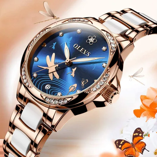 Miniatura 6 de OLEVS Relojes para mujer, mecánico automático, cuerda automática, oro rosa, reloj de mujer, vestido de diamante, pulsera de cerámica, impermeable
