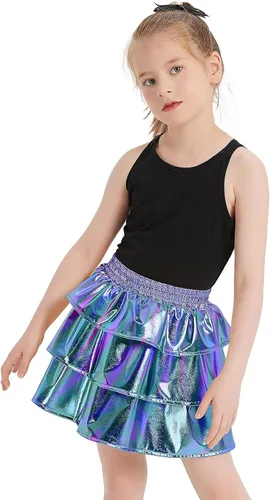 Miniatura 3 de techcity Falda metálica brillante de 3 capas con volantes para niñas, ropa de disfraz de fiesta de baile para niñas de 4 a 13 años con gafas