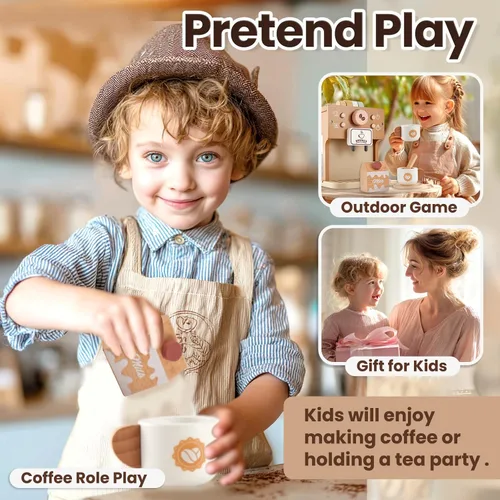 Miniatura 7 de BUYGER Cafetera de juguete para niños, juego de café de madera, juego de juegos de simulación, accesorios de cocina, regalos para niños de 3, 4 y 5