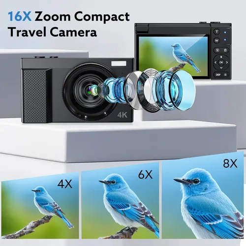 Miniatura 5 de Cámara digital 4K, cámara de vlogging de 64 MP para fotografía con pantalla abatible de 180 ° de 3 pulgadas, lentes macro y gran angular, cámara