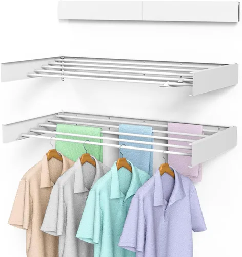 Miniatura 10 de Tendedero de secado para ropa, montaje en pared, plegable, plegable, capacidad de 60 libras, 5 postes de aluminio con 6 ganchos, ahorro de espacio