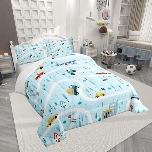 Miniatura 2 de Juego de edredón de caricaturas de autos para adolescentes, juego de ropa de cama de transporte urbano, ropa de cama para decoración del hogar