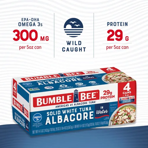 Miniatura 3 de Bumble Bee - Filetes de atún blanco sólido en agua, lata de 142 g (paquete de 4) – Atún capturado de forma salvaje – 29 g de proteína por porción