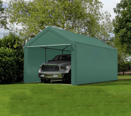Cochera 10x20 pies con toldo resistente de acero para almacenamiento, carpa portátil para fiestas, garaje portátil con paredes laterales y puertas