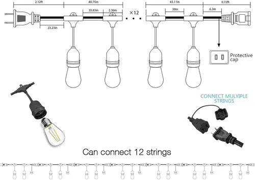 Miniatura 7 de Banord Cadena de luces LED para exteriores, luces de patio de 48 pies con bombillas Edison de plástico vintage de 2 W regulables y hilo de grado