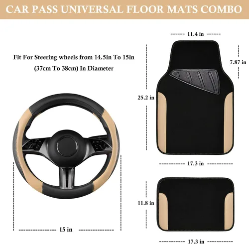 Miniatura 3 de CAR PASS Funda de cuero sintético para volante y tapetes impermeables para automóvil, ajuste universal para el 95% de los sedán, SUV, automóviles
