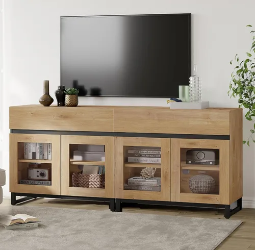 Miniatura 28 de WAMPAT Moderno soporte de TV con puertas de vidrio para televisores de 32 a 40 pulgadas, consola central de entretenimiento con estantes ajustables