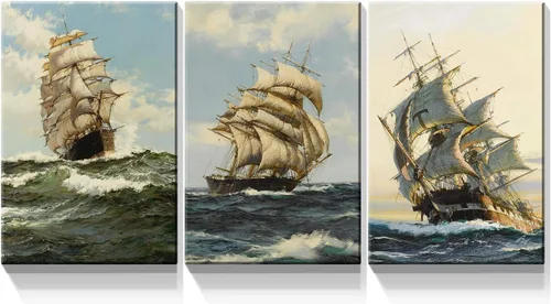 Miniatura 10 de Denozer - 3 paneles de impresiones artísticas en lienzo para pared - Barco de vela grande en pintura de paisaje oceánico Decoración moderna
