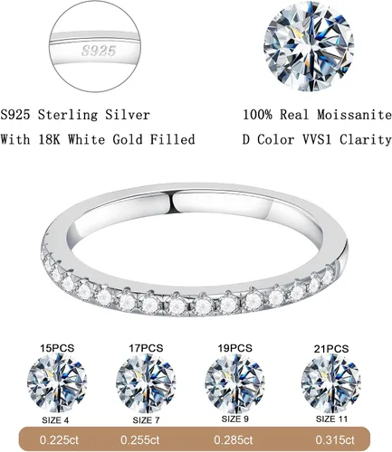 Miniatura 6 de MOOSEA Alianza de boda de moissanita de media eternidad para mujer, 0.2-0.3 quilates de color D, claridad VVS1, anillos apilables finos de diamantes