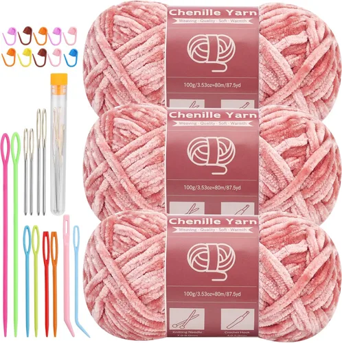 Miniatura 24 de LUNARM Hilado de chenilla para tejer y hacer ganchillo, 3 madejas de 240 metros de hilo grueso, suave y voluminoso, para tejer mantas, ropa y Beige