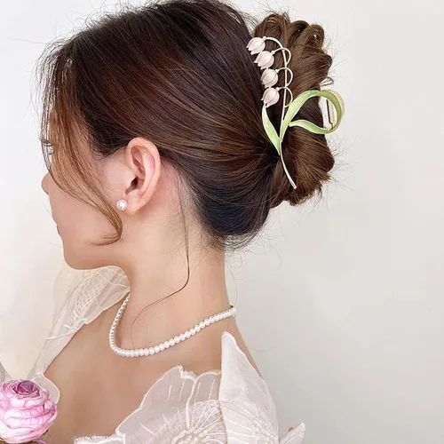 Miniatura 3 de Flor elegante lirio de valle garra de pelo tiburón clip mujeres encanto desgaste captura flor metal horquilla rama hada clips