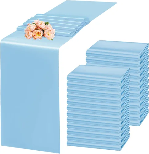 Paquete de 24 caminos de mesa azul bebé, camino de mesa de satén liso de 12 x 72 pulgadas, caminos de mesa de alta calidad para bodas, fiestas de