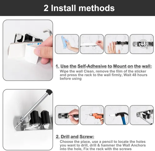 Miniatura 7 de Soporte de Pared para Escoba, Organizador de Escoba de Montaje en Pared de Acero Inoxidable y Colgador de Trapeador de Servicio Pesado, Organización