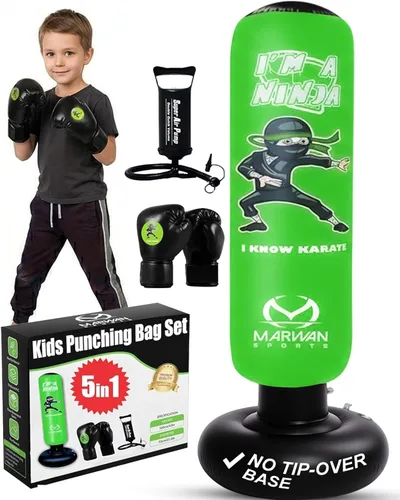 Marwan Sports Ninja Inflatable Punching Bag for Kids 4-12, Indoor Active Play for Sensory Seekers & High-Energy Kids, 63" 5-in-1: Gloves, Manual