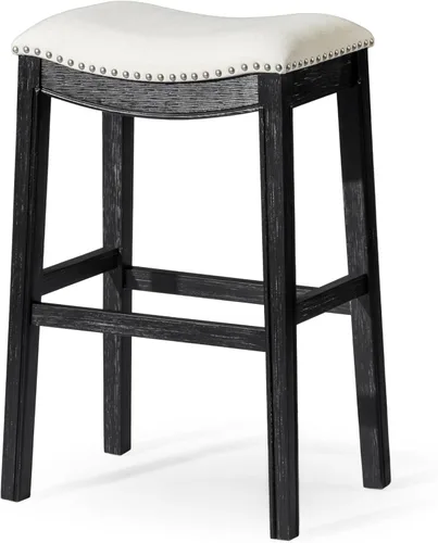 Miniatura 24 de Maven Lane Adrien Taburete de bar sin espalda, asiento de silla de montar de 31 pulgadas con reposapiés, marco de madera maciza gris y tapicería