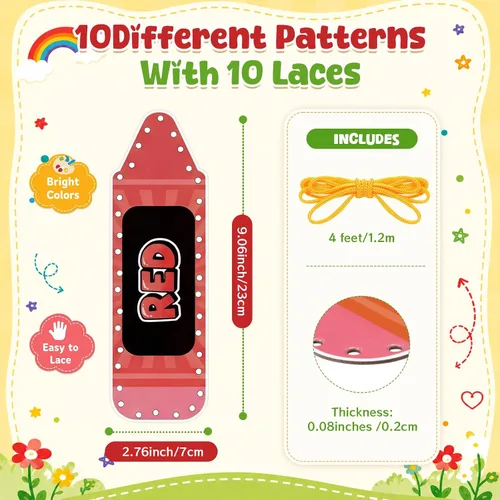 Miniatura 2 de Funrous 10 Pieces Kids Recognition Lacing Cards Thick Cardboard Educational Sewing Cards Double Sided Lacing Playing Games for Children Toddler