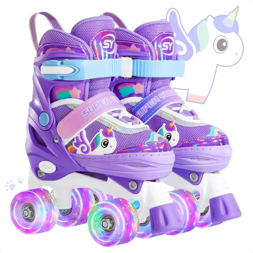 SUPER YOUNGSTER Patines de ruedas ajustables con luces LED para niñas, diseño de unicornio para niñas de 4 a 6, 5 a 8, 8 a 12 años, patines para