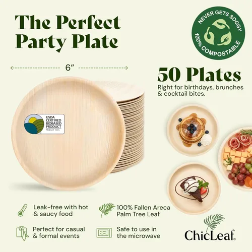 Miniatura 2 de Chic Leaf Platos de hoja de palma de 6 pulgadas, paquete de 50 platos desechables para aperitivos y postres totalmente compostables, vajilla