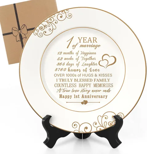 Urllinz Plato de Primer Aniversario con Lámina de Oro de 24k - Regalos de Aniversario de Boda de 1 Año en Papel, Decoraciones para Él, Parejas,