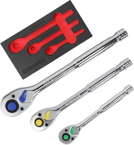 Juego de trinquete de 3 piezas - Juego de llave de trinquete de transmisión de 1/4, 3/8, 1/2 pulgadas - Trinquete reversible de 72 dientes colorido