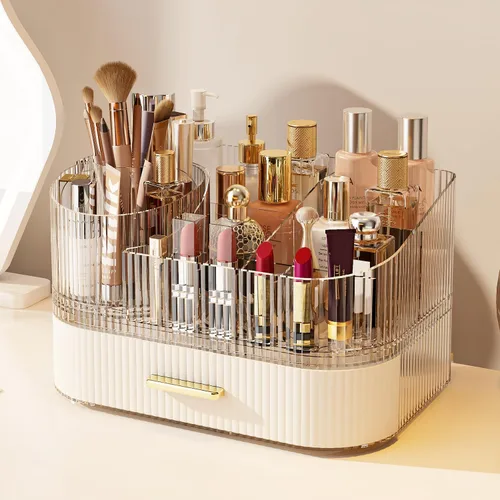 Miniatura 10 de Organizador de maquillaje giratorio de 360° con cajón, exhibición de almacenamiento de cosméticos de acrílico transparente, contador de belleza