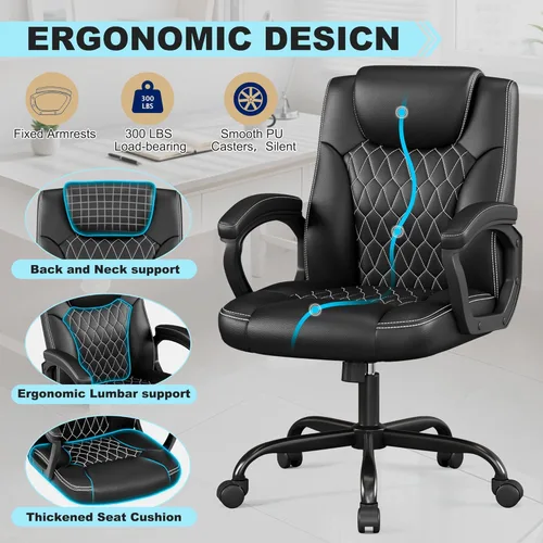 Miniatura 6 de Misolant Silla de oficina, silla de escritorio ejecutiva, cómodas sillas ejecutivas de piel sintética con reposabrazos fijo, altura ajustable, Negro