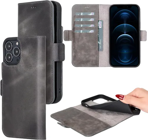 Miniatura 13 de Bayelon Funda para iPhone 13 Pro Max, funda de piel de grano completo, funda magnética con ranuras para tarjetas, función atril (bronceado rústico)