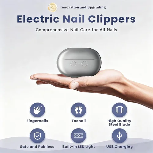 Miniatura 7 de Cortaúñas eléctrico gris con luz LED, recortador de uñas inteligente recargable por USB, cortador automático 3 en 1 para uñas gruesas, diseño