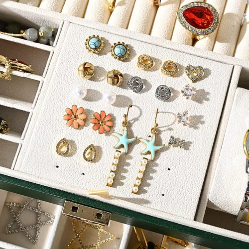 Miniatura 4 de Joyero para mujeres y niñas, organizador de joyas grande con cerradura de 3 niveles para collares, anillos, aretes, piel sintética (blanco)