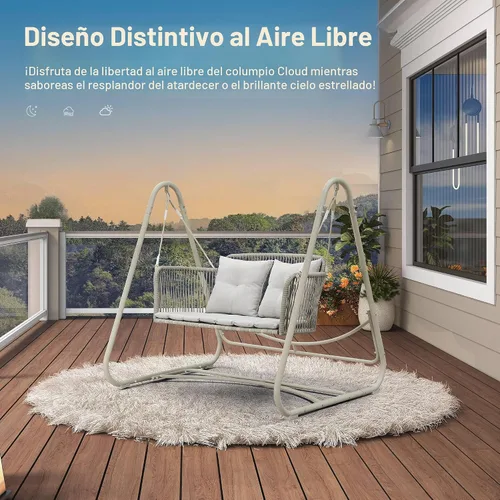 Miniatura 4 de PURPLE LEAF Silla Columpio Nube de 2 Asientos con Soporte Banco Deslizante Loveseat de Mimbre para Patio Colgante Balanceante para Interior Exterior