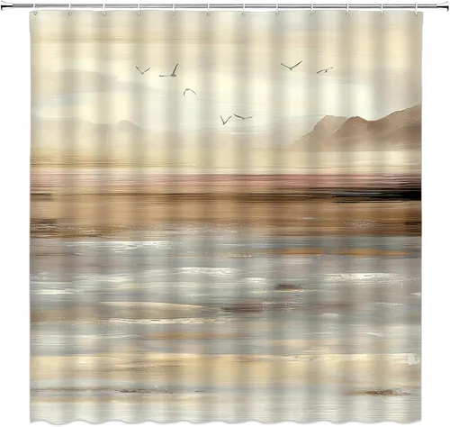 Miniatura 10 de Cortina de ducha abstracta de playa, océano, olas de mar, montaña, naturaleza, paisaje, pintura al óleo, cortina de decoración de baño con ganchos