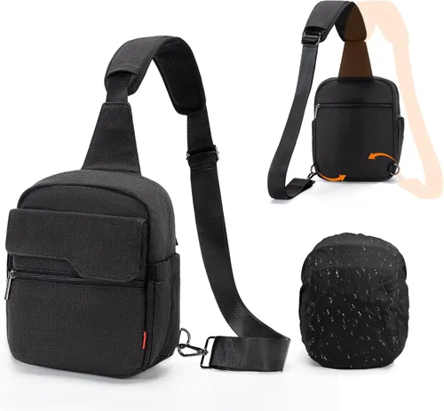 Cwatcun - Bolsa de cámara tipo bandolera compacta, pequeña, impermeable de lona con funda para la lluvia, bolsa de fotografía para viajes para Negro