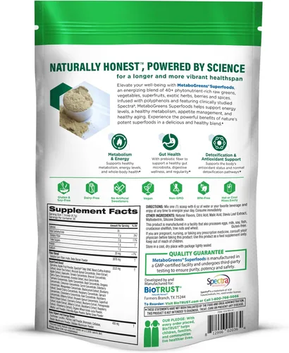 Miniatura 8 de BioTrust Metabo Greens Superfood Powder - Polvo súper verde, mezcla de frutas y verduras con espectros clínicamente estudiados, sin OMG, sin soja