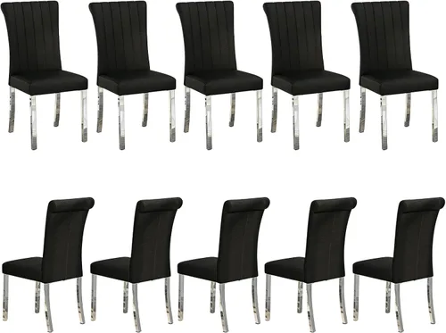 Miniatura 14 de Asday Juego de 2 sillas de comedor negras y plateadas, modernas sillas de comedor tapizadas de piel sintética con respaldo alto y patas cromadas