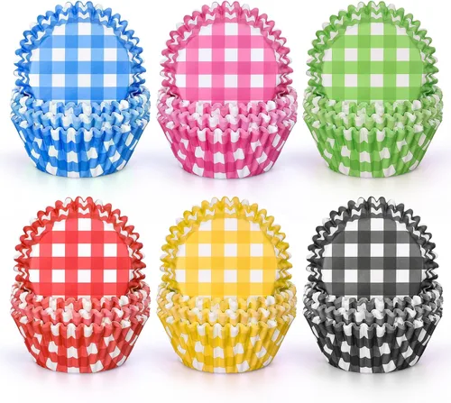 Whaline 600 forros para cupcakes a cuadros de búfalo, coloridos envoltorios de cupcakes a cuadros para hornear muffins para baby shower, boda,