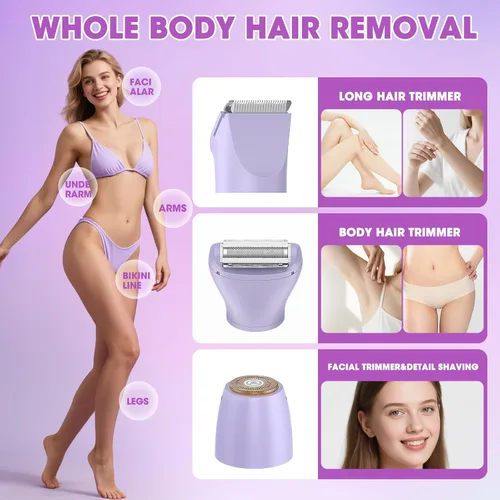 Miniatura 5 de Maquinillas de afeitar eléctricas para mujer, kit de depilación corporal 3 en 1 para cara, púbic, brazo, pierna, axila, recortadora de bikini, sin