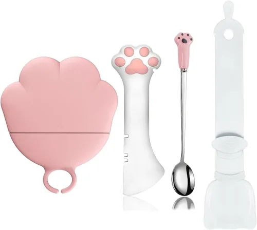 Miniatura 7 de Cucharas para latas de comida para perros y gatos, tapas de silicona para latas de comida para perros y gatos, abrelatas, espátula de comida