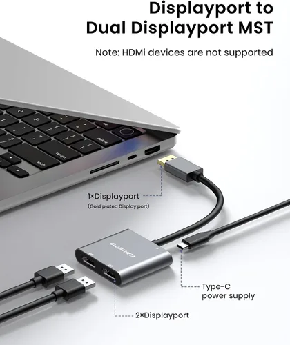 Miniatura 2 de Adaptador divisor DisplayPort a Dual DisplayPort, Hub MST 4K 60Hz para configuración de monitor dual, divisor DP de 1 en 2 salidas para modos